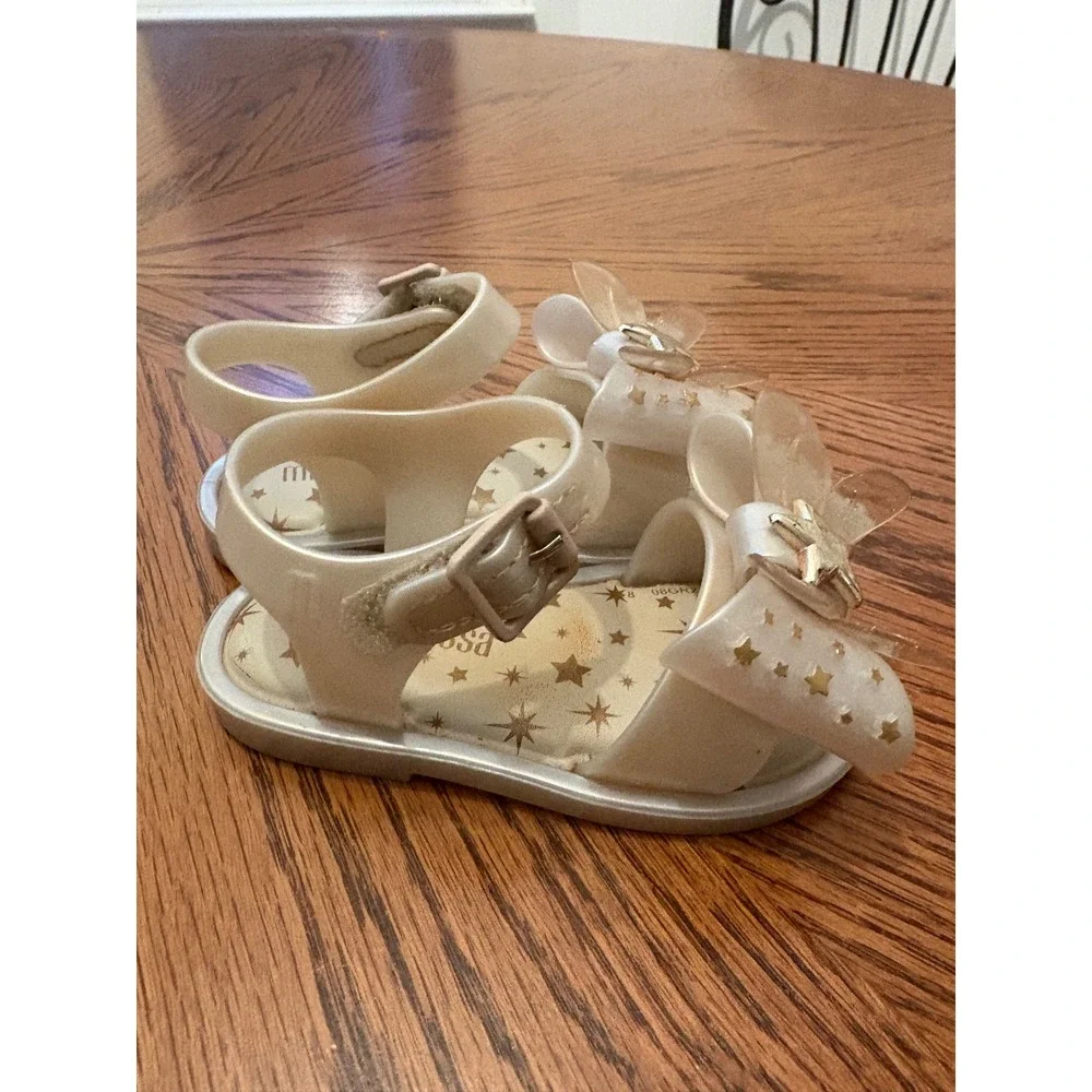 Mini Melissa Mar Sandal Stars Pearlescent White Gold Star Bow Jelly Sandals Sz 5